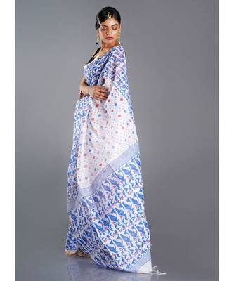 off white blended cotton saree with blue print 2