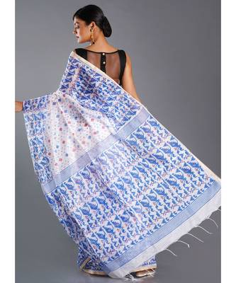off white blended cotton saree with blue print 3