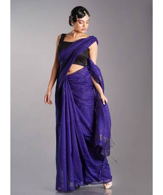 blue blended cotton saree with golden border 1