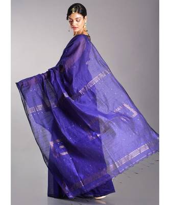 blue blended cotton saree with golden border 2
