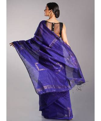 blue blended cotton saree with golden border 3