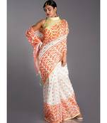 off white blended cotton saree with orange print