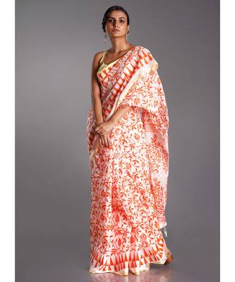 off white blended cotton saree with printed orange motifs 1