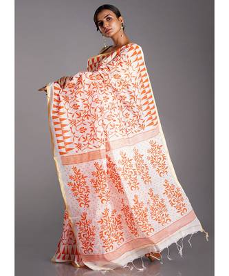 off white blended cotton saree with printed orange motifs 2