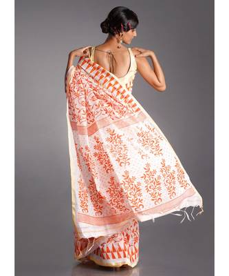 off white blended cotton saree with printed orange motifs 3