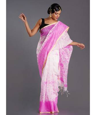 off white blended cotton saree with pink batick print 1