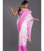 off white blended cotton saree with pink batick print