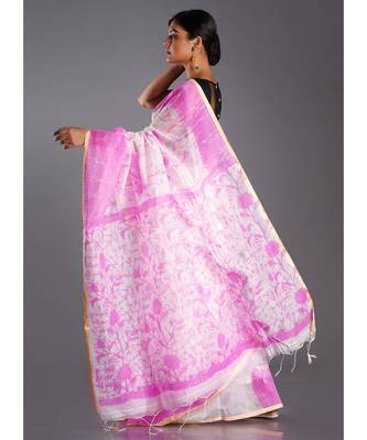 off white blended cotton saree with pink batick print 2