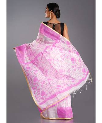 off white blended cotton saree with pink batick print 3