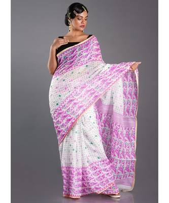 off white blended cotton saree with orange print 1