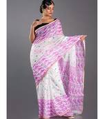 off white blended cotton saree with orange print