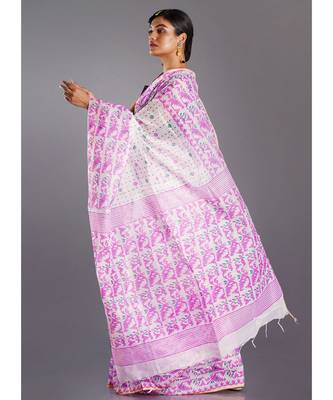 off white blended cotton saree with orange print 2