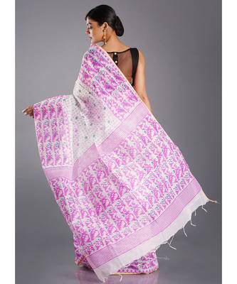 off white blended cotton saree with orange print 3