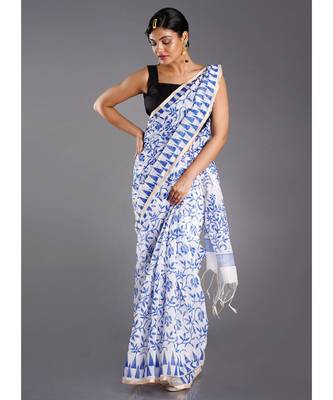 off white blended cotton saree with printed blue motifs 1