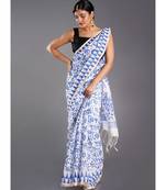 off white blended cotton saree with printed blue motifs