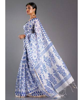 off white blended cotton saree with printed blue motifs 2