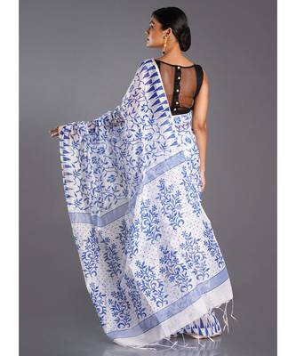 off white blended cotton saree with printed blue motifs 3