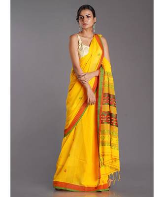 yellow cotton handloom saree with red and green patterns 1
