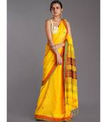 yellow cotton handloom saree with red and green patterns