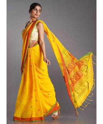 yellow cotton handloom saree with red and green patterns 2