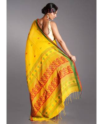 yellow cotton handloom saree with red and green patterns 3