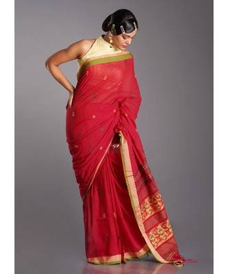 red cotton handloom saree with yellow and green patterns 1