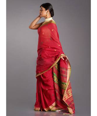 red cotton handloom saree with yellow and green patterns 2