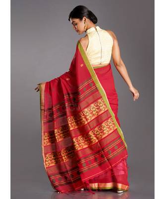 red cotton handloom saree with yellow and green patterns 3