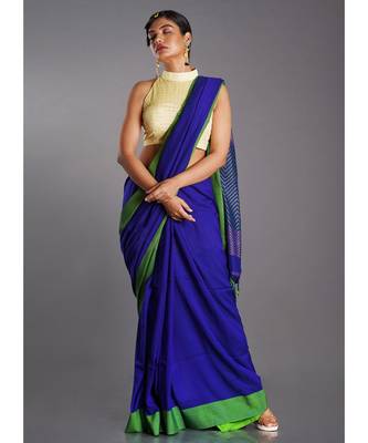 royal blue blended cotton saree with green border 1