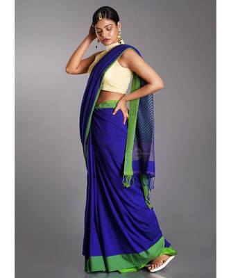 royal blue blended cotton saree with green border 2