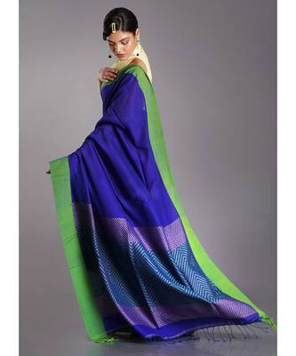 royal blue blended cotton saree with green border 3