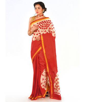 white chanderi cotton with red 3d applique work 1