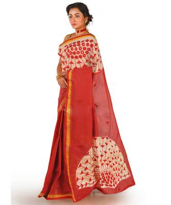 white chanderi cotton with red 3d applique work 2