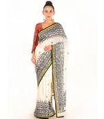white kota cotton saree with black patch work