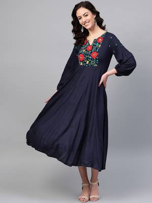 Pinksky Navy blue woven viscose long-dresses 1