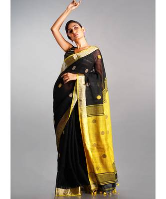 black linen saree with polka dots and yellow pallu 2