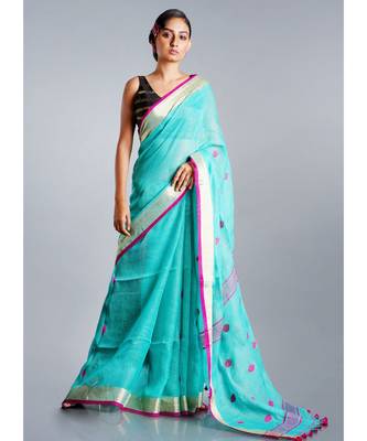 blue linen saree with  pink  polka dots 1