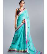 blue linen saree with  pink  polka dots
