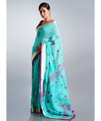 blue linen saree with  pink  polka dots 2