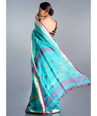 blue linen saree with  pink  polka dots 3