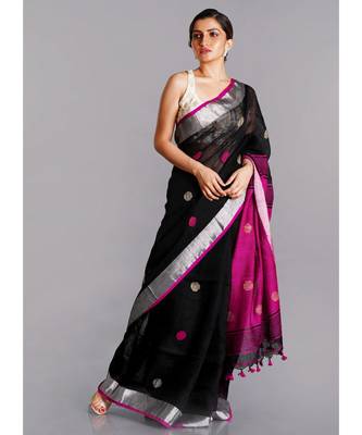 black linen saree with polka dots and pink pallu 1