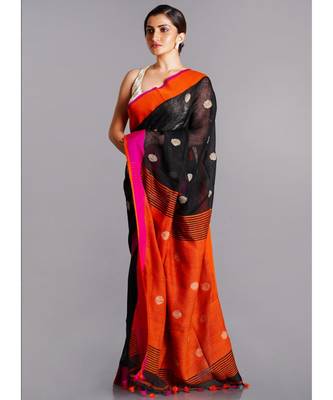 black linen saree with polka dots and orange pallu 2