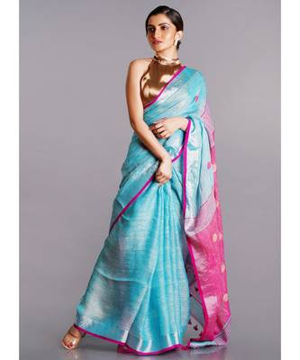 blue linen saree with polka dots and pink pallu 1