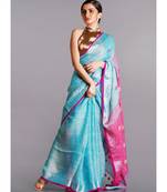 blue linen saree with polka dots and pink pallu