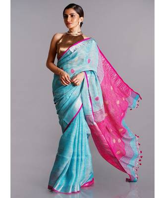 blue linen saree with polka dots and pink pallu 2