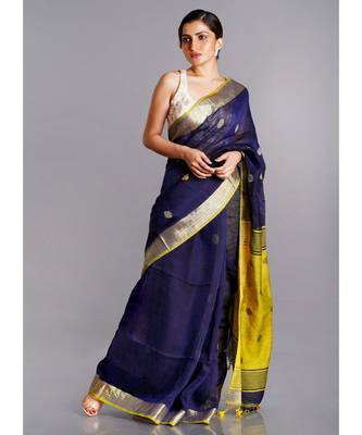 navy linen saree with polka dots and yellow pallu 1