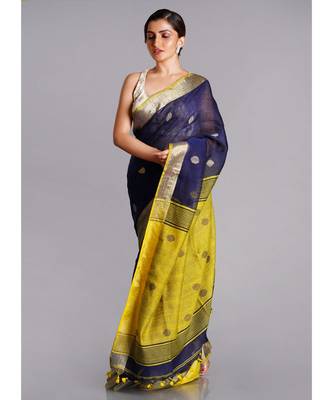 navy linen saree with polka dots and yellow pallu 2