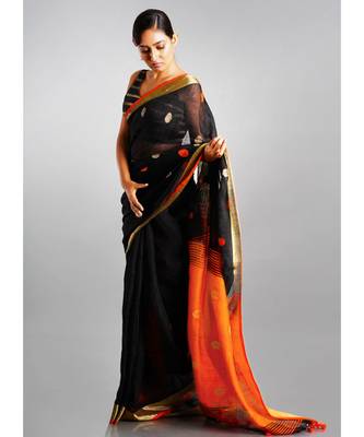 black linen saree with polka dots and orange pallu 1