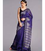blue linen saree with golden paisely border