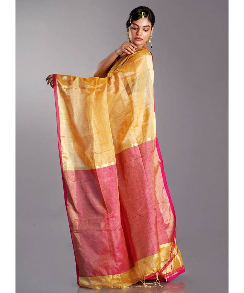 yellow tissue linen saree with pink pallu